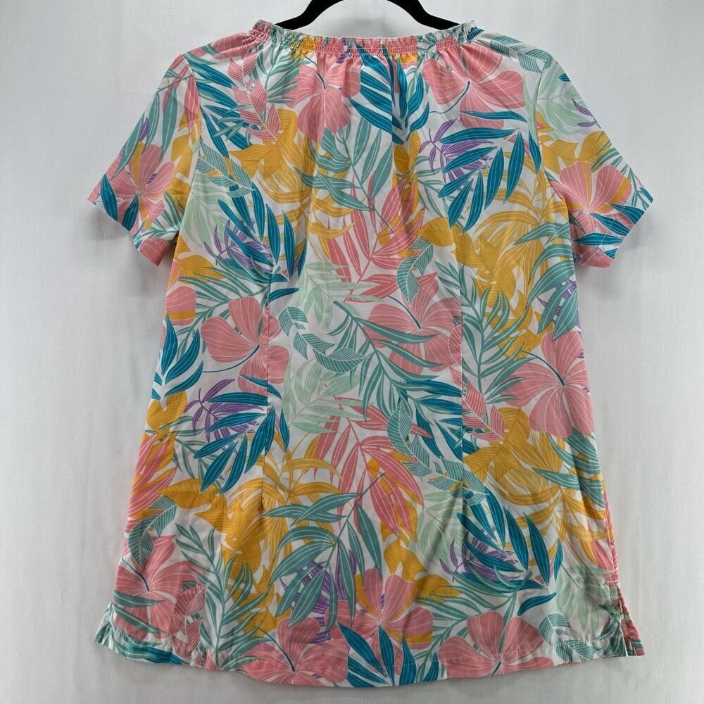 Butter-Soft Scrub Top Womens M Stretch Tropical 6-Pocket Peasant Medical Pink - Picture 2 of 11